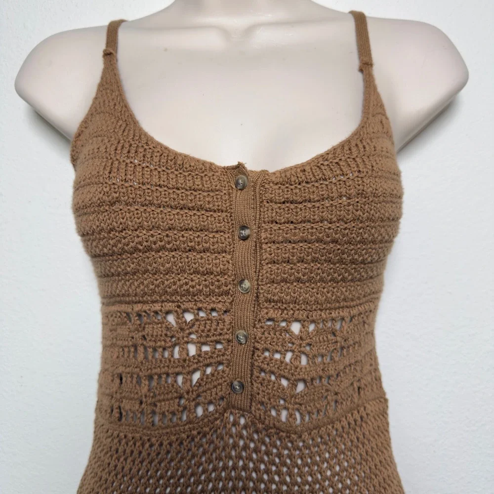 Aerie Women Crochet‎ Knit Cover Up Dress Small Brown Beach Coastal Cowgirl Boho